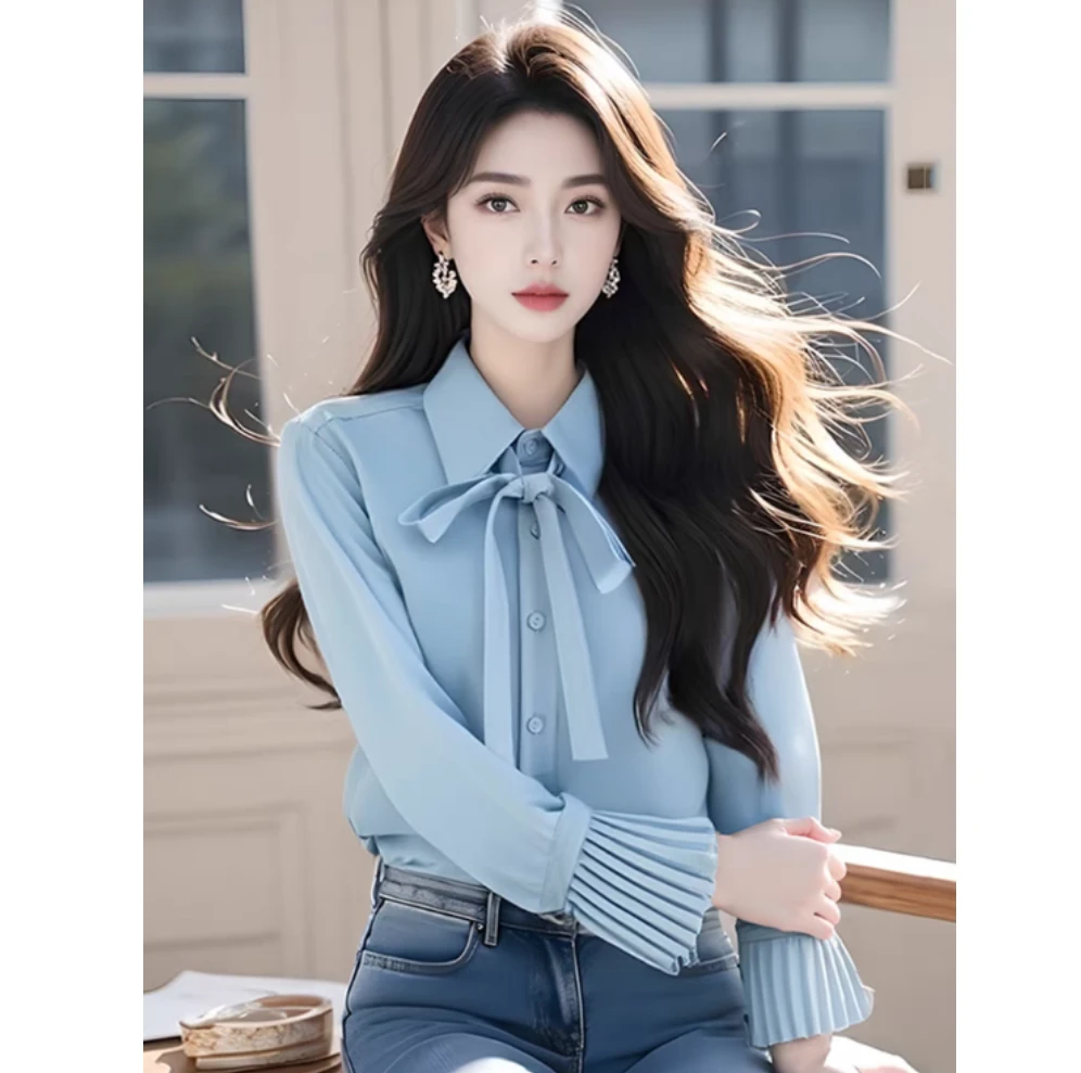 9355【金秘书穿搭】风琴袖衬衫女蓝色衬衣2024新款春日法式上衣