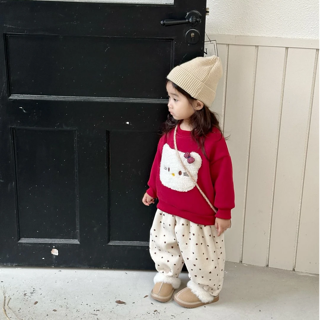 韩版女童秋冬季新款甜美洋气kt猫加绒卫衣爱心加绒裤加厚套装潮