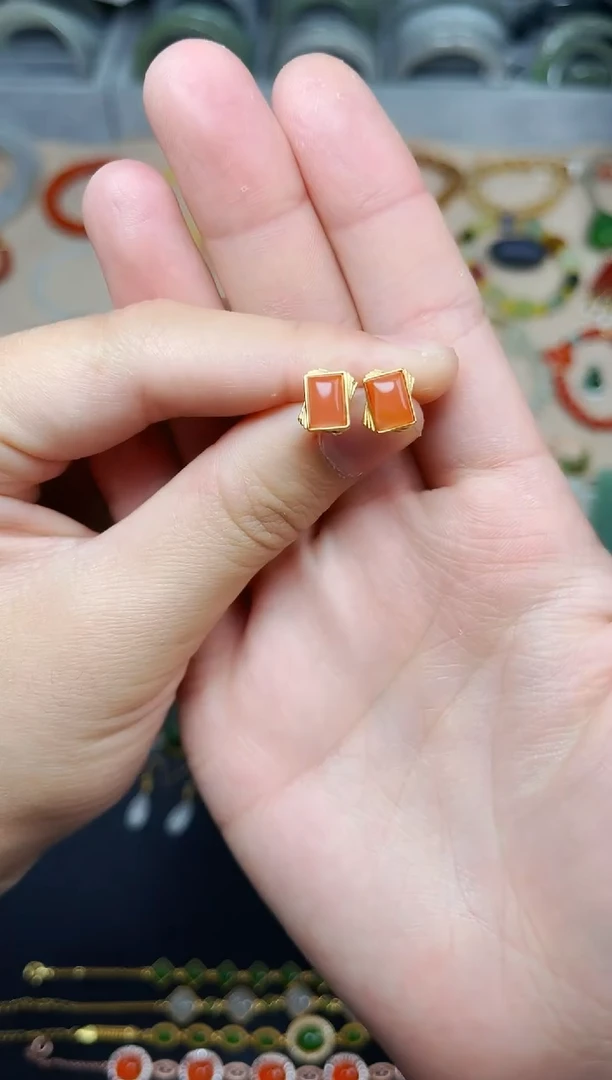 南红玛瑙耳饰银S925镶嵌小方块耳钉06