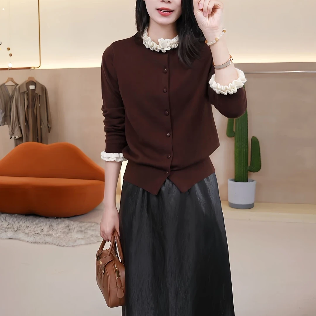 2025早秋季新款气质设计感花边袖木耳边洋气长袖毛针织衫