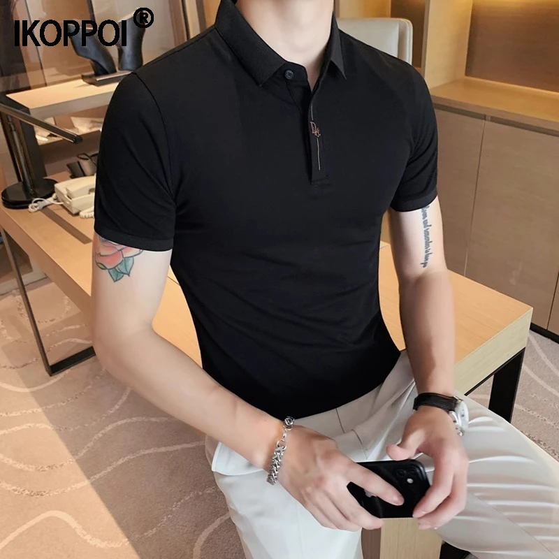 时尚潮牌POLO衫男2025夏季新款冰丝翻领修身短袖潮流刺身弹力半袖