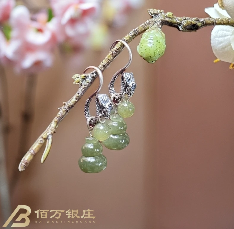 【佰万银庄】S925纯银镶嵌天然和田玉葫芦耳坠复古精美优雅