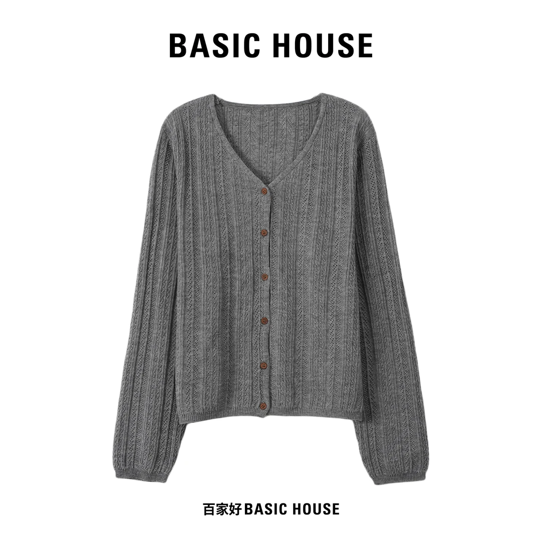 Basic House/百家好2025秋季竖条纹韩版V领气质针织衫L522 MM