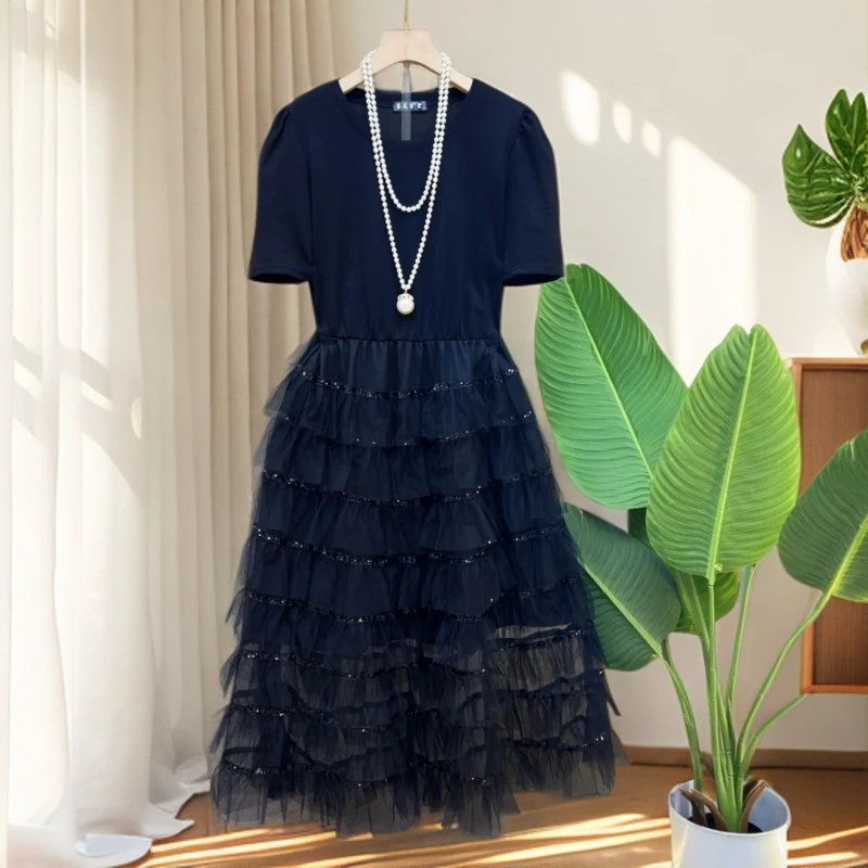 大码胖MM夏季新款时尚拼接纱网亮片短袖连衣裙女显瘦洋气减龄裙子