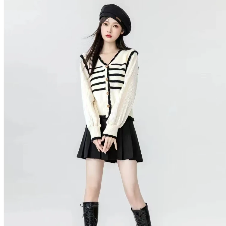 春秋新款拼接两件条纹针织开衫衬衫拼接外套秋季外套秋装女装短款