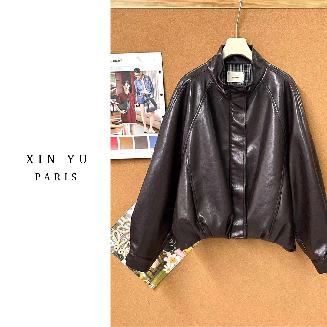 皮衣皮夹克韩版修身型立领摔纹显瘦皮衣厚款冬季35WT841