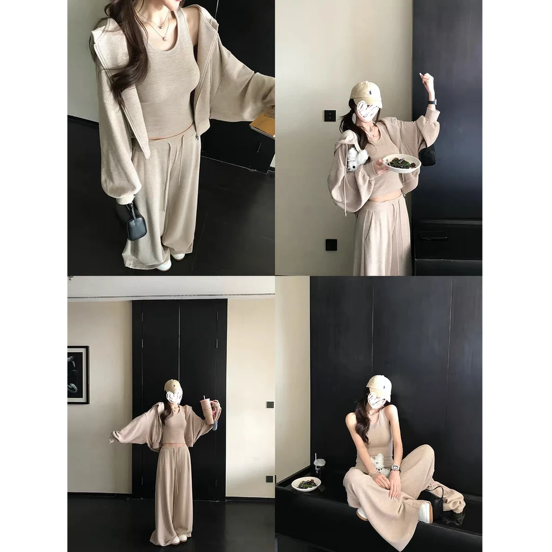 早秋休闲慵懒感华夫格a1o同款开衫背心阔腿裤三件套 H3038