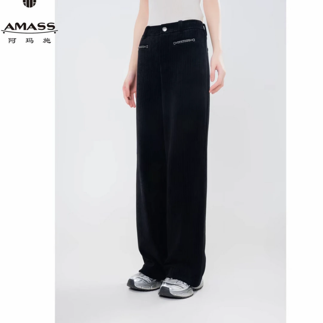 AMASS/阿玛施秋冬新款复古时尚链条装饰雪尼尔直筒休闲裤女510058