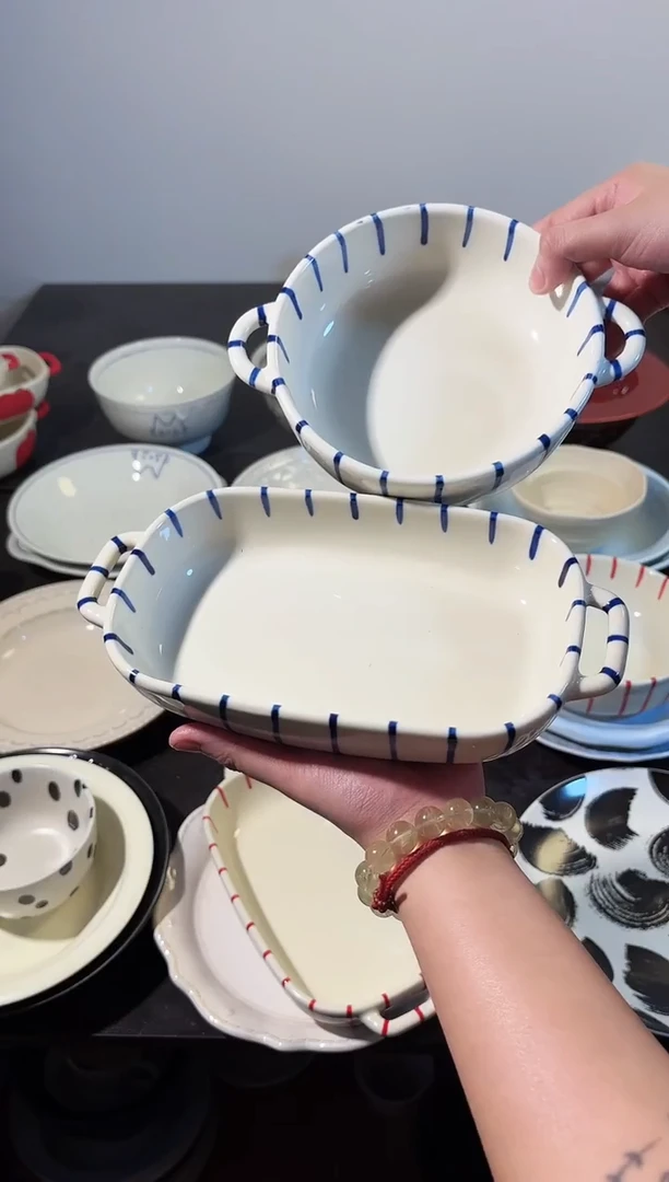 陶竖条纹8英寸圆形蓝色+9.5英寸长方形蓝色