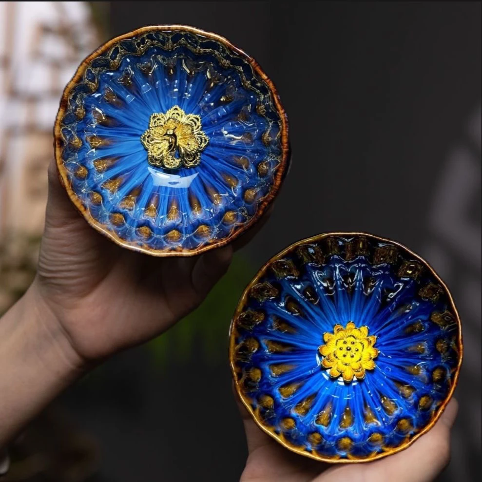 窑变 蓝色金莲花 金孔雀对杯