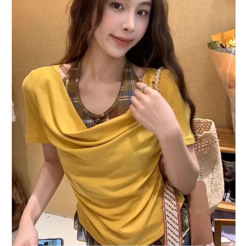 【吸睛格格】夏季甜美别致撞色拼接挂脖格纹假两件小衫 时尚上衣
