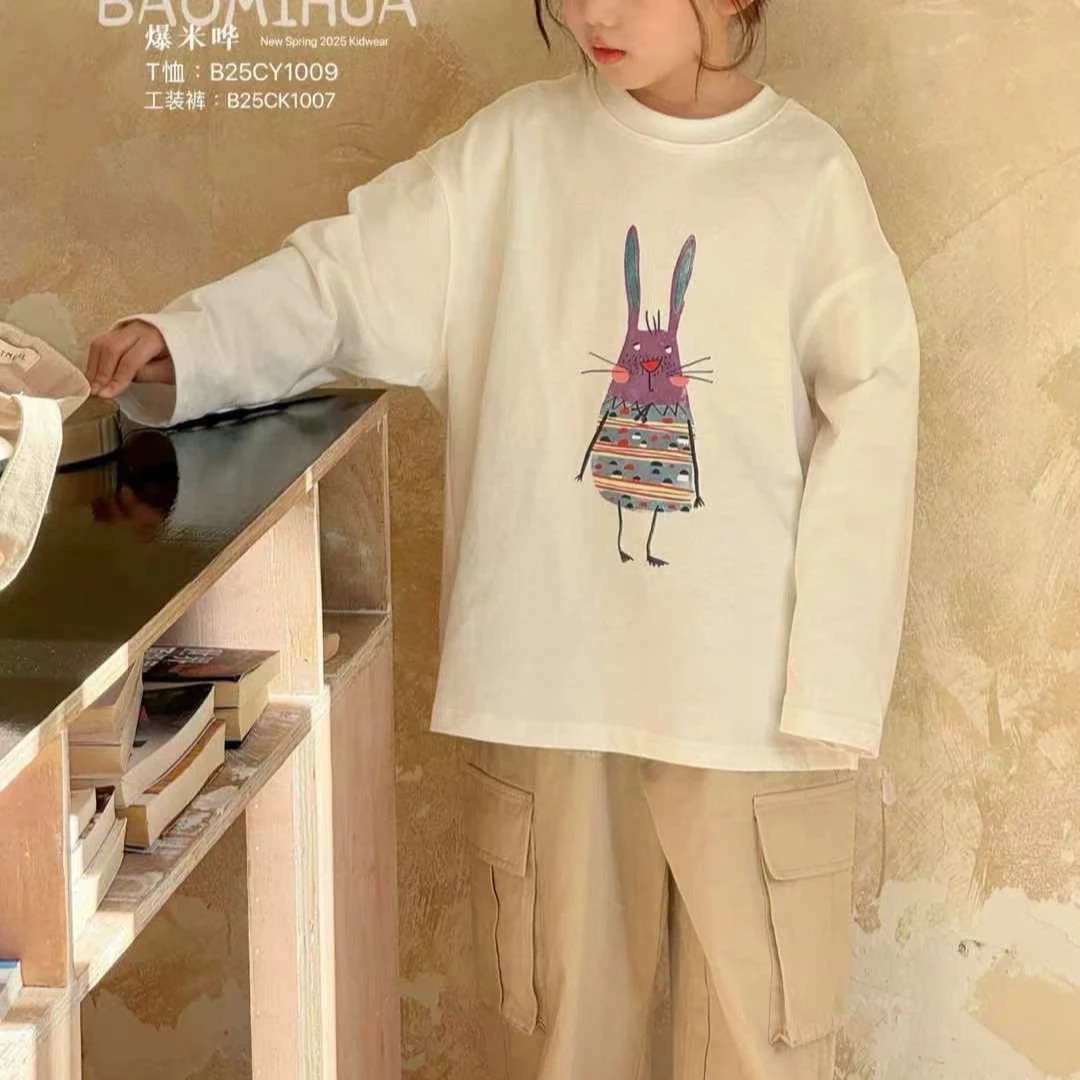 爆米哗纯棉卡通白色打底长袖T百搭韩版宽松新款印花圆领套头春秋