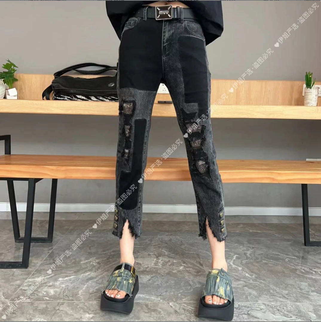 2025早春新款薄款百搭拉链牛仔裤中高腰高弹铆钉破洞烟管裤YJ254