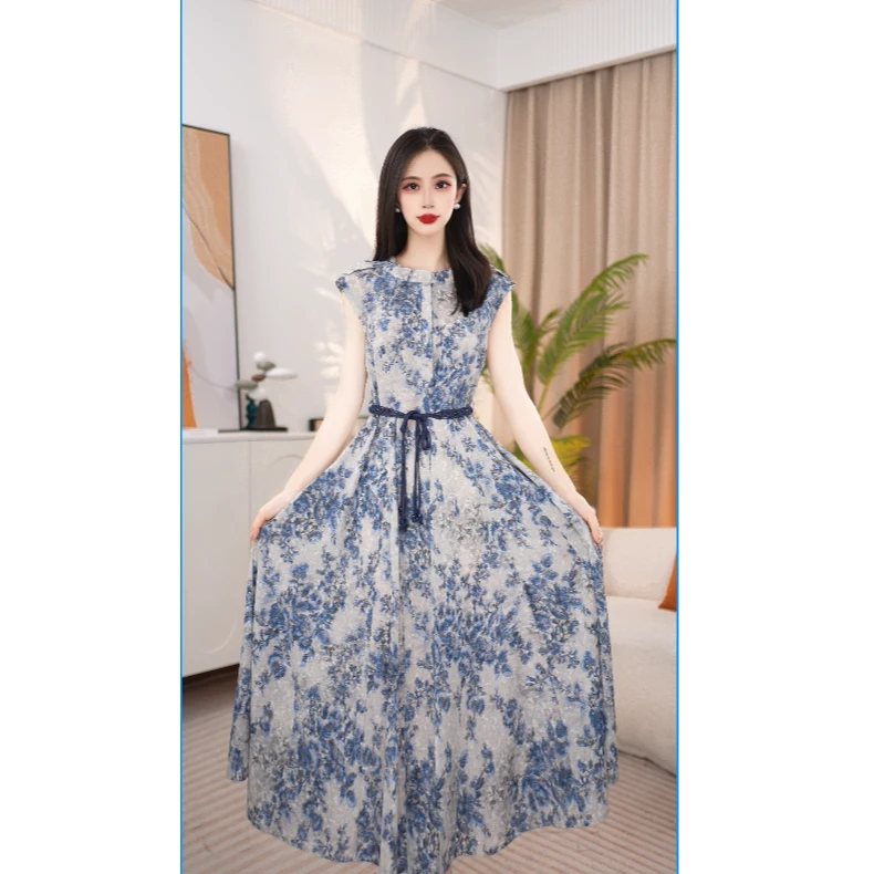 气质国风复古显瘦夏季圆领短袖印花高腰套头连衣裙25B618