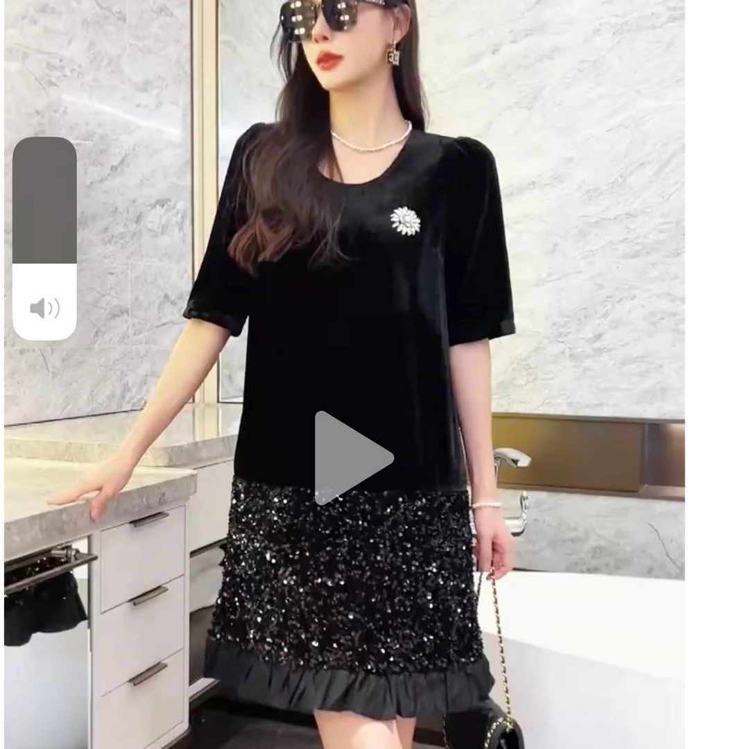 小咖甄选-短袖丝绒亮片连衣裙68006