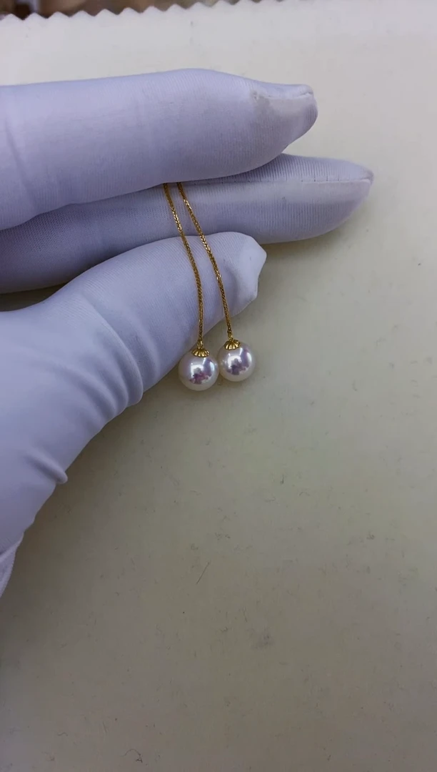 18K金镶嵌akoya耳线海水珍珠7-7.5mm