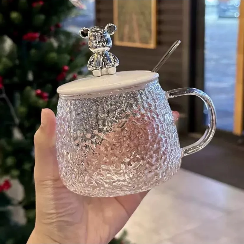 网红达人热卖款锤纹小熊玻璃杯咖啡杯简约INS风早餐杯办公杯
