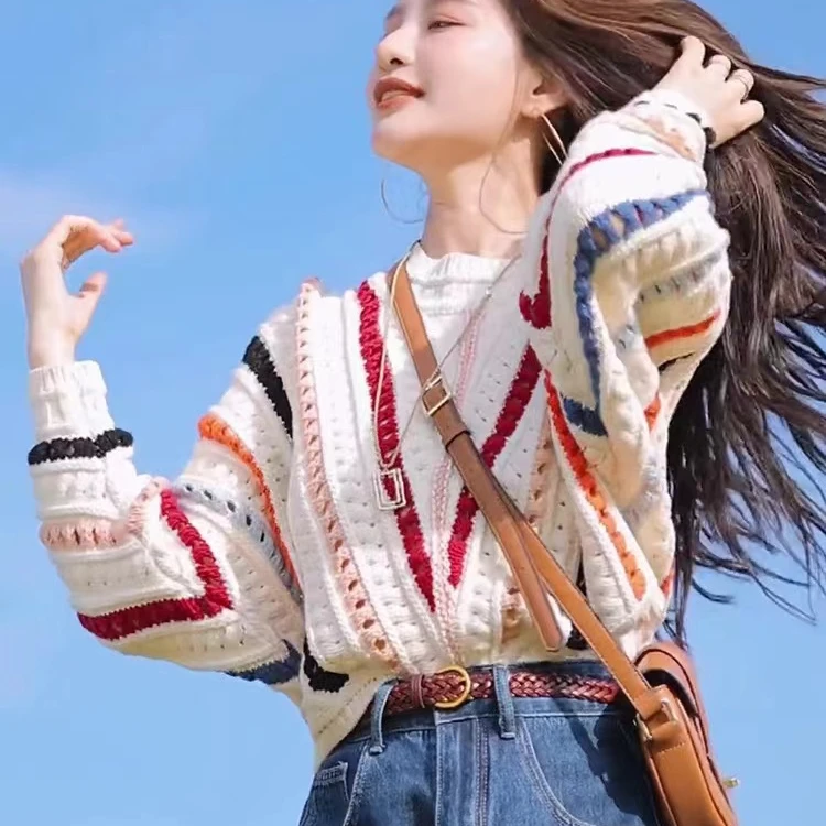 5659#彩色条纹针织衫上衣女2025新款外穿宽松套头慵懒风秋冬外套