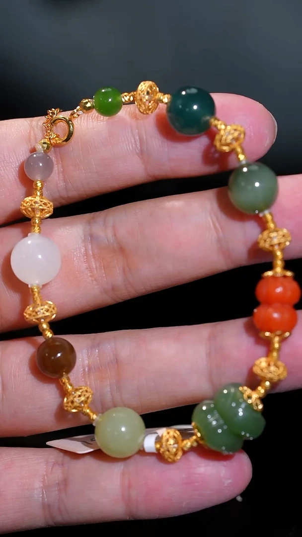 银S925镀金镶嵌手串和田玉11多样性发一