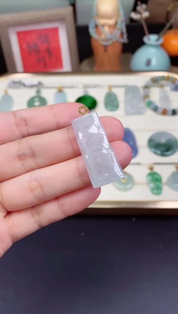 吊坠(不含链)18K金镶嵌翡翠竹节18K金扣镶嵌@@CMT5950