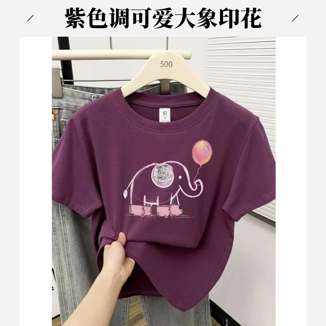别致圆领正肩短袖T恤女夏季2025新款爆款时尚洋气印花超好看上衣