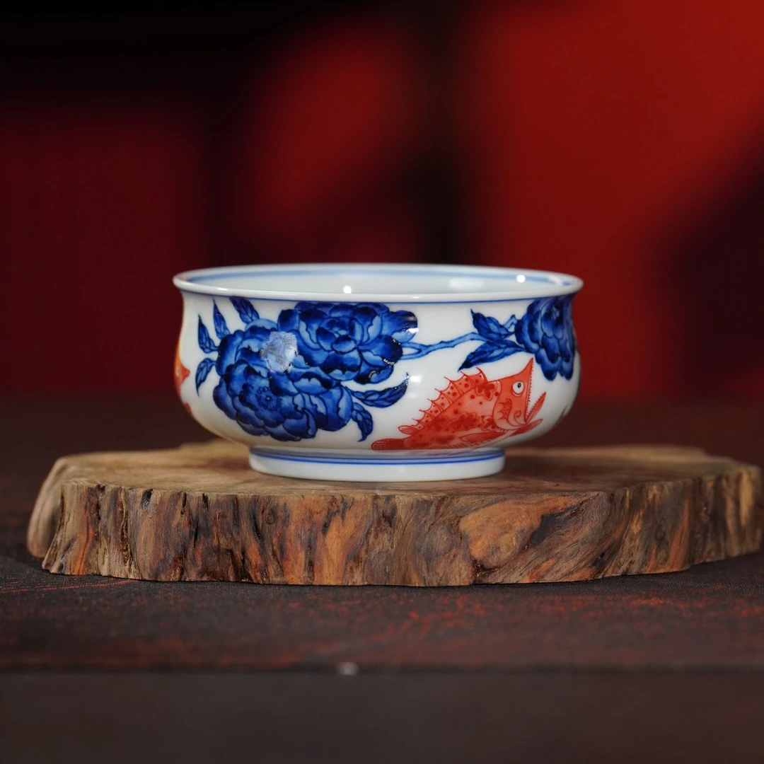 良朋柴窑   青花釉下红牡丹鳜鱼炉式杯主人杯纯手工陶瓷手绘