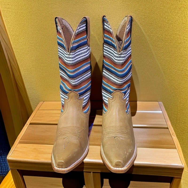 皮底高端西部靴女平底低跟尖头西部马术牛仔装备个性复古骑马靴子