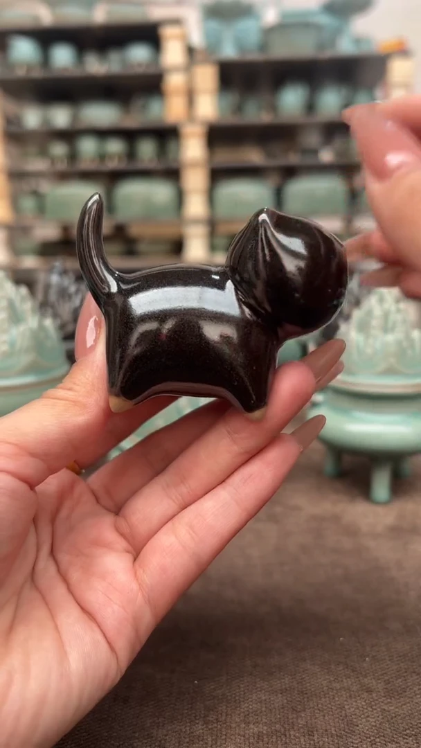 瓷片乌金釉小猫咪茶宠一级