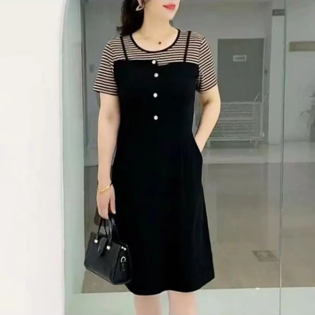 夏季新款时尚百搭条纹拼接短袖假两件连衣裙