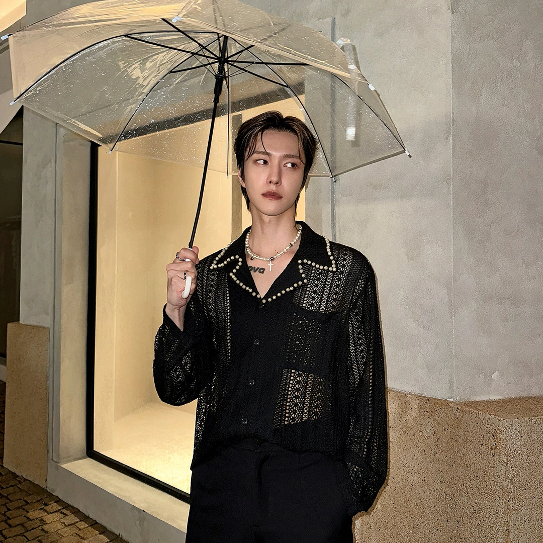 子上男装高级感小众设计感珍珠镂空蕾丝短袖衬衫男宽松衬衣男夏季