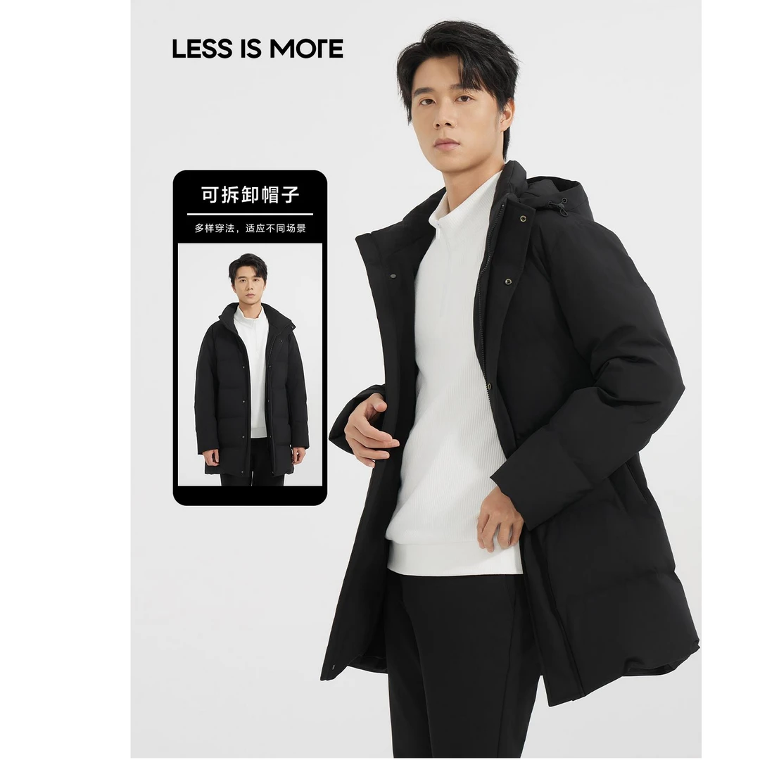利郎[休闲简约]极简风纯色保暖羽绒服外套长款男防风连帽休闲冬季