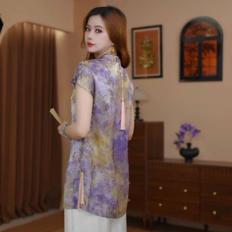 现货 2025年春夏款新款气质刻花新中式上衣C2697烟染-YI