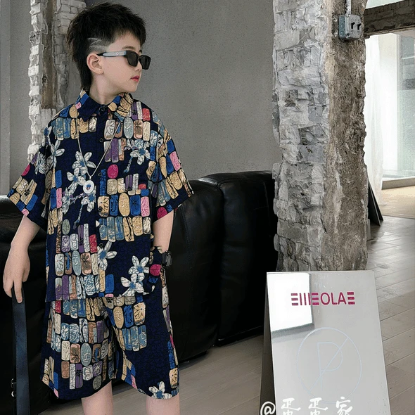 男童童装夏装套装2025新款夏季短袖儿童衬衫两件套衣服洋气潮款酷