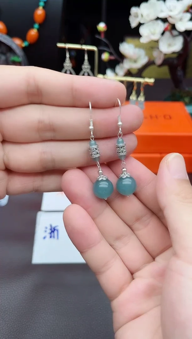 石英质玉（天山翠）银S925镶嵌耳饰420000