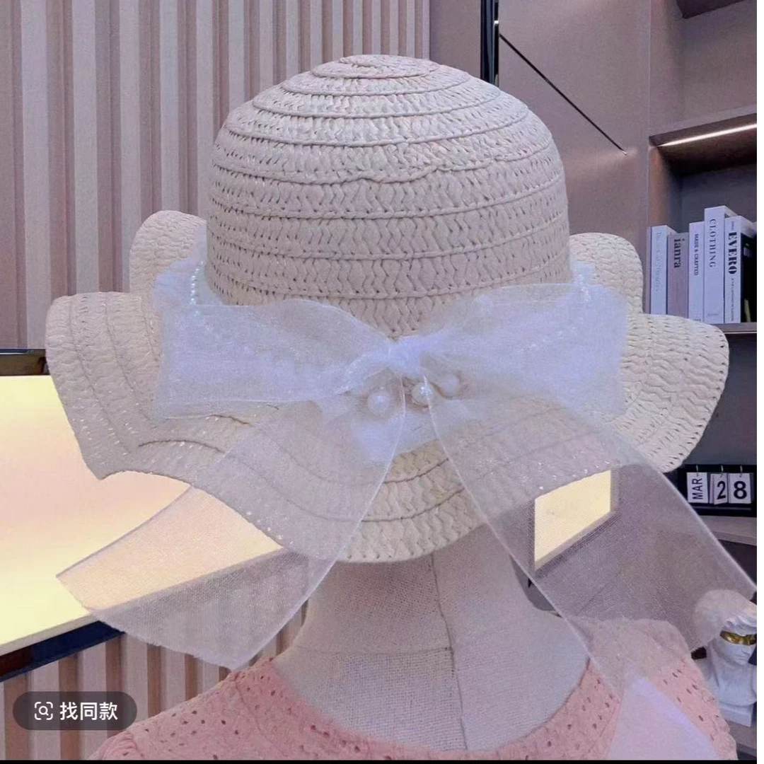 婴儿珍珠草帽蕾丝蝴蝶结气质