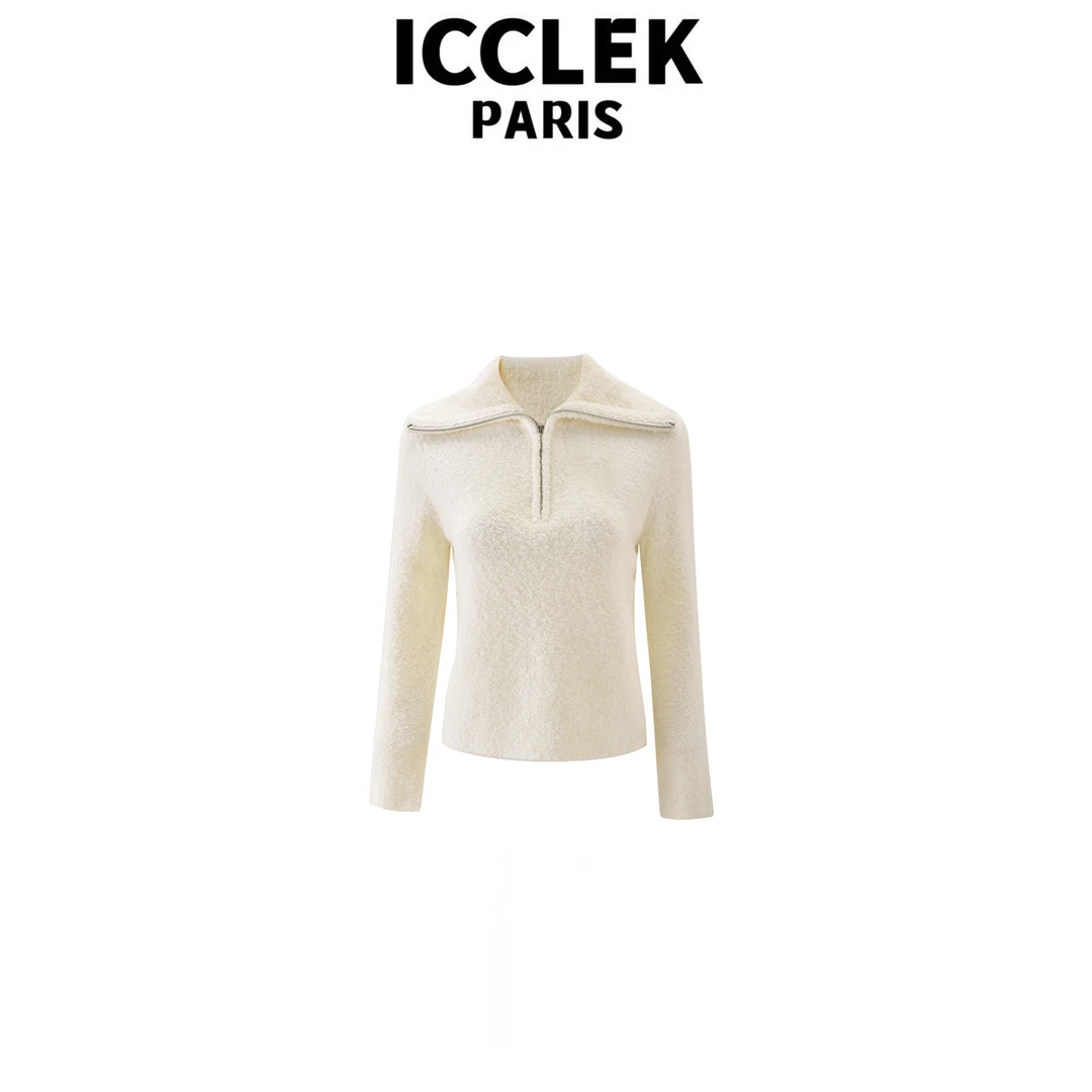 杏色拉链毛衣外套轻奢时尚百搭秋冬通勤显瘦气质宽松外套  - 9081