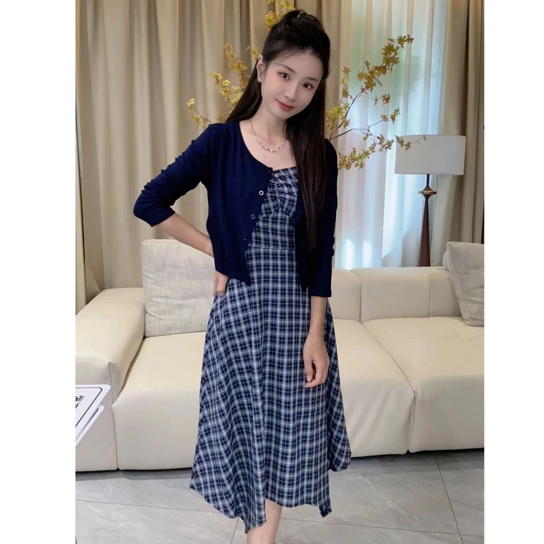 碧高作品 气质女神不规则显瘦修身格子两件套装裙