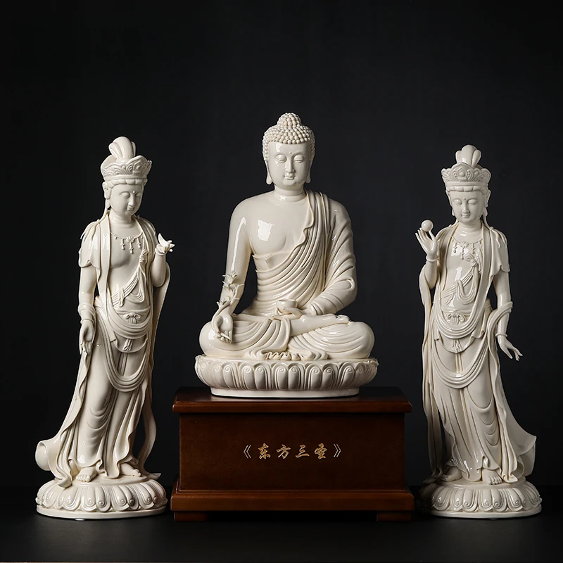 七珍周金田陶瓷摆件《东方三圣》药/师日光瓷像月光造像