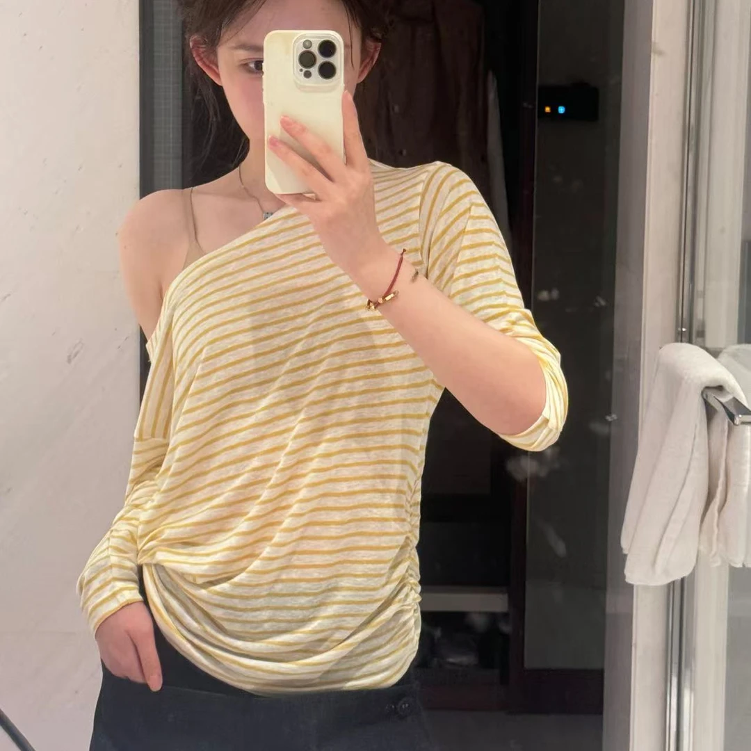 MAXINRUI 撞色一夏黄色条纹衣多穿法朦胧透感长袖罩衫上衣R8130