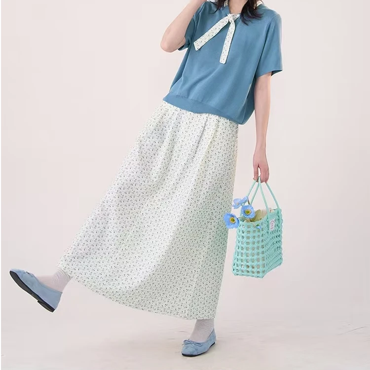 【春季新款】圆领针织短袖上衣搭碎花半身裙时尚洋气小清新套装女