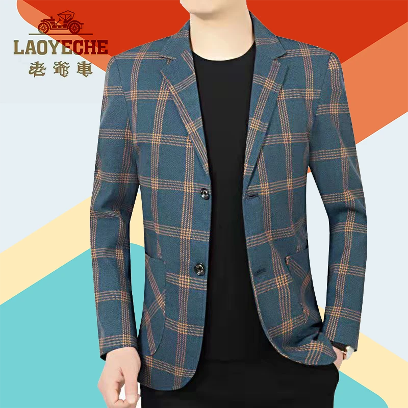 LAOYECHE/老爷车高档男士西服外套春秋休闲时尚格子修身西装上衣