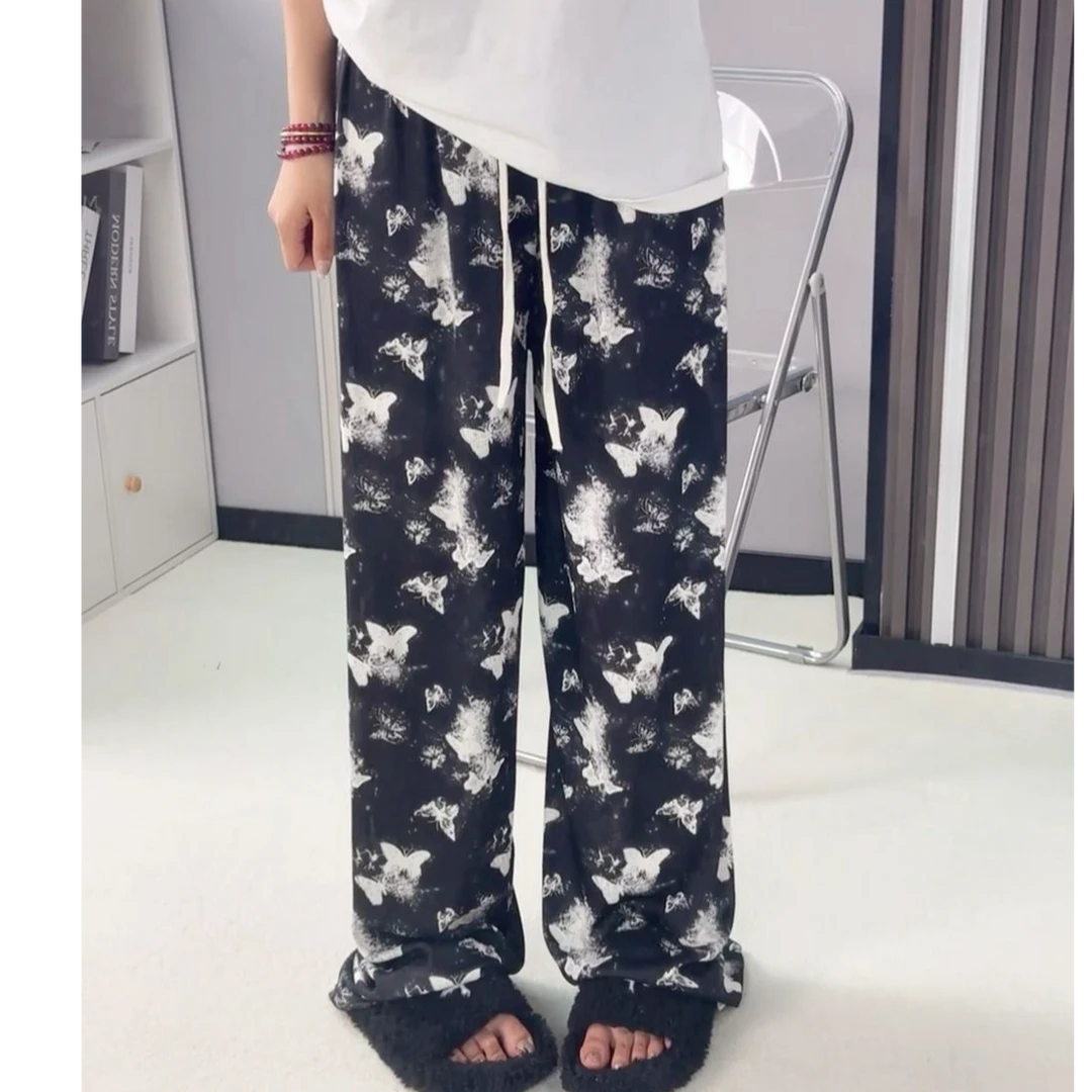 新中式国风泼墨蝴蝶休闲裤子女夏季2025新款休闲宽松直筒阔腿长裤