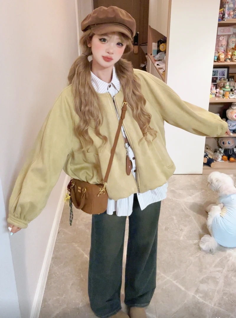 秋冬新款小个子时尚洋气高级感麂皮绒外套女宽松显瘦气质夹克上衣