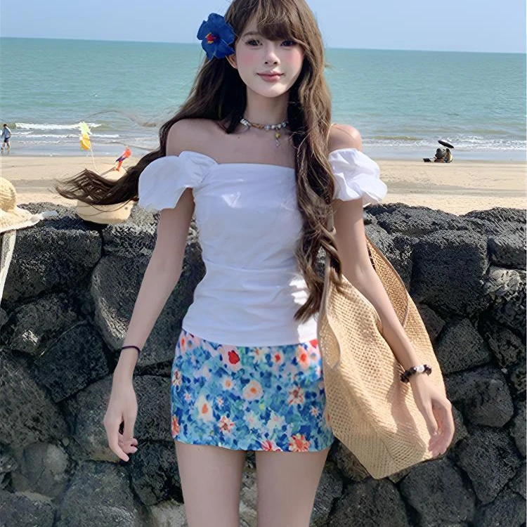 夏日辣妹穿搭一整套一字肩甜辣修身显瘦上衣水彩花卉半身裙两件套