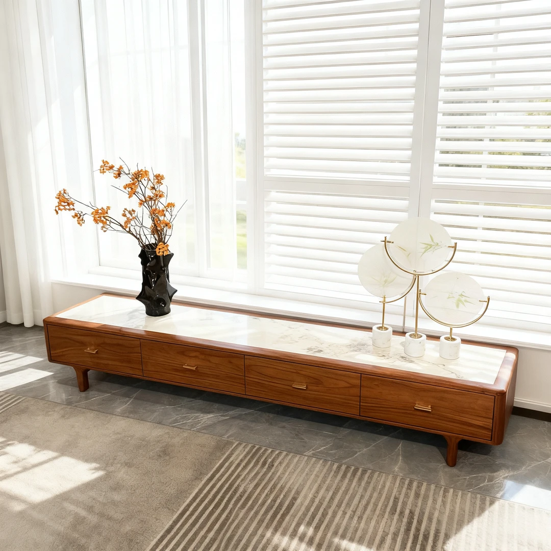 【胡桃木电视柜】现代时尚简约意式岩板实木电视柜收纳