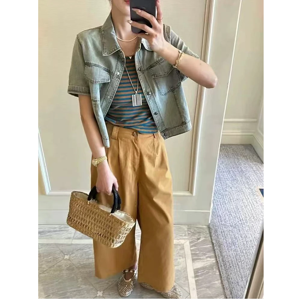 【锦衣服饰】F 857韩系时尚牛仔短袖外套条纹背心阔腿裤三件套