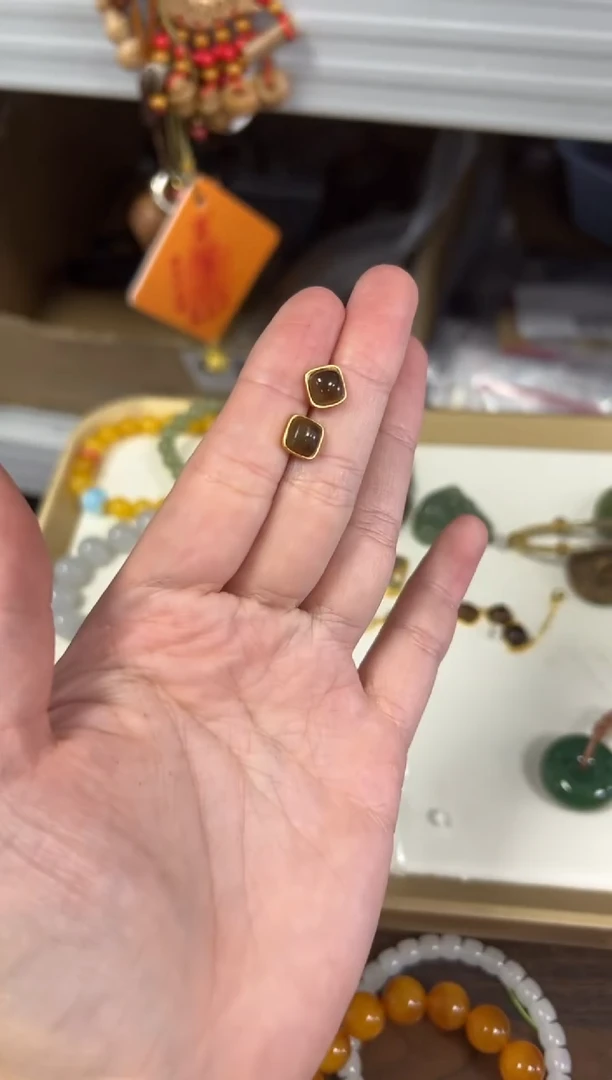 银S925镶嵌和田玉耳饰和田玉糖料方块银镶嵌耳钉[0660]