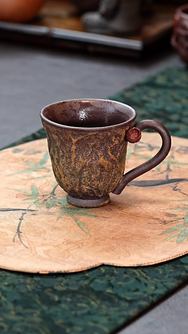 茶杯紫砂紫泥粉浆带把紫砂杯