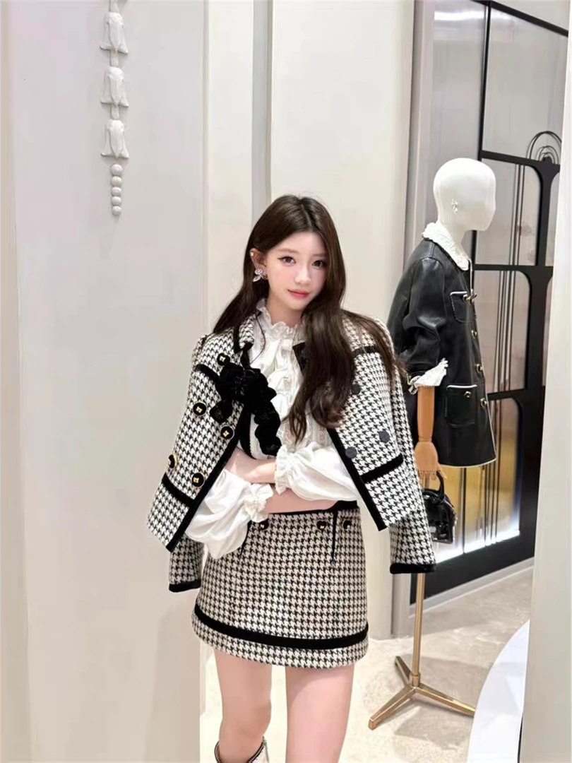 【今安】复古钉珠小香风千鸟格短外套减龄上衣蝴蝶结可拆外套25秋冬
