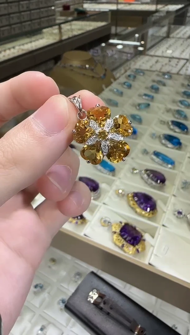 颈饰银S925镶嵌黄晶8mm繁花设计款吊坠